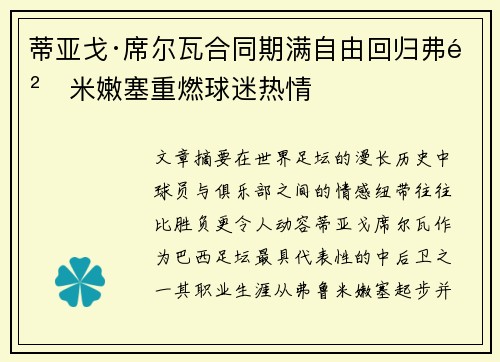 蒂亚戈·席尔瓦合同期满自由回归弗鲁米嫩塞重燃球迷热情