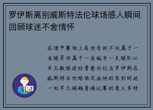 罗伊斯离别威斯特法伦球场感人瞬间回顾球迷不舍情怀 罗伊斯离别威斯特法伦球场感人瞬间回顾球迷不舍情怀