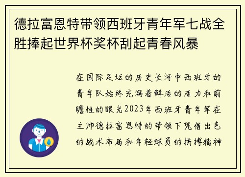 德拉富恩特带领西班牙青年军七战全胜捧起世界杯奖杯刮起青春风暴 德拉富恩特带领西班牙青年军七战全胜捧起世界杯奖杯刮起青春风暴